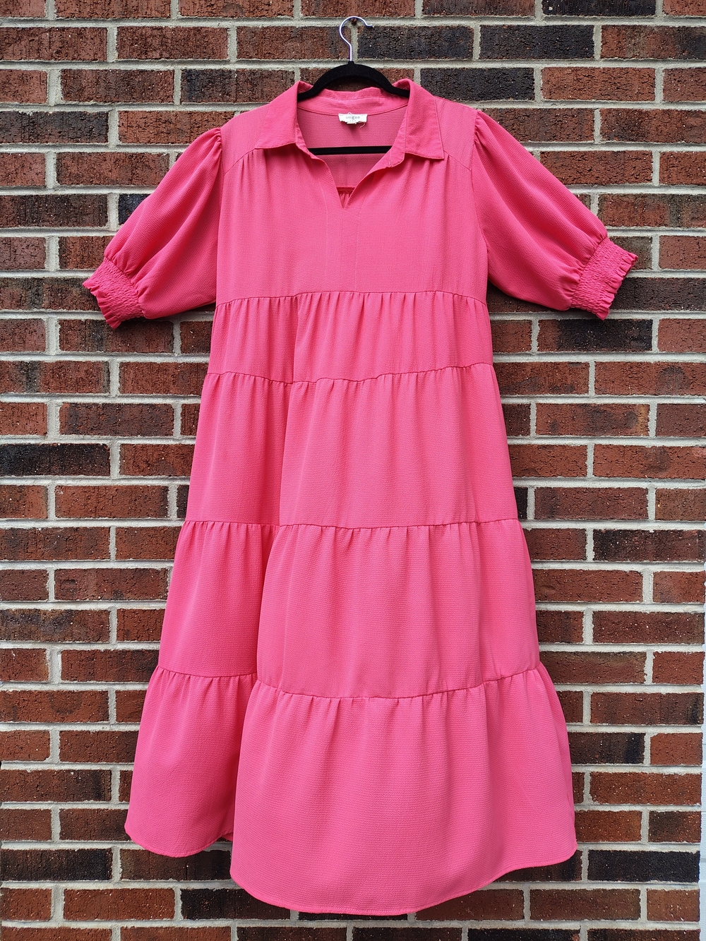 Umgee Pink Tiered Maxi Dress with Collar LARGE
